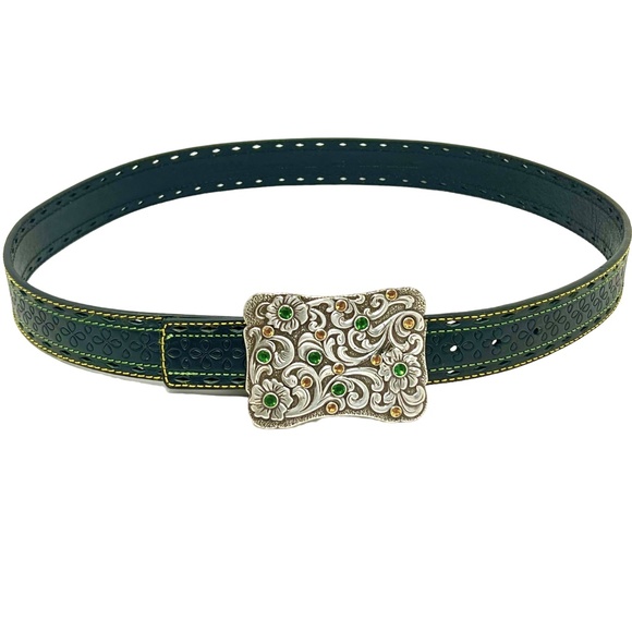 John Deere women's Black Embossed Leather Belt with Rhinestone Buckle sz XL NWOT - Picture 2 of 16